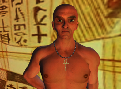 A 3D rendered image of a man with a shaved head who is naked above the waist wearing a necklace with an ankh, standing in front of a wall of heiroglyphs