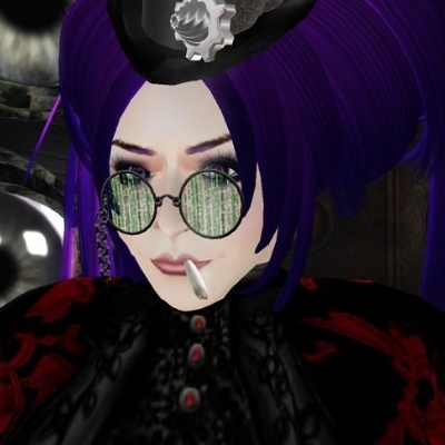 A 3D rendered avatar of a woman with purple hair, with a rollie between her lips, who is wearing glasses which have The Matrix code overlaid on them. She is wearing a high neck button up brocade Victorian dress. There is a giant eyeball looking over her shoulder.